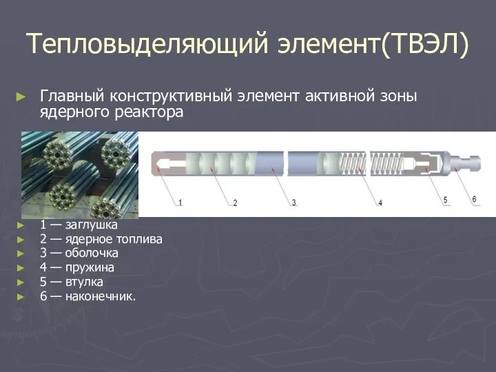 Тепловыделяющий элемент(ТВЭЛ) Главный конструктивный элемент активной зоны ядерного реактора 1