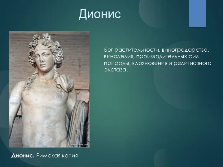 Бог растительности, виноградарства, виноделия, производительных сил природы, вдохновения и религиозного экстаза. Дионис. Римская копия Дионис