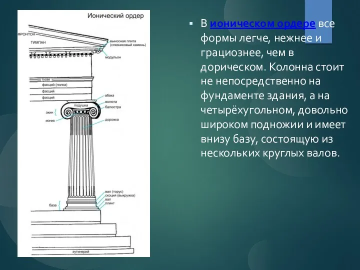 В ионическом ордере все формы легче, нежнее и грациознее, чем