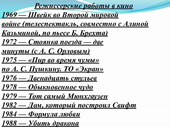 1969 — Швейк во Второй мировой войне (телеспектакль, совместно с