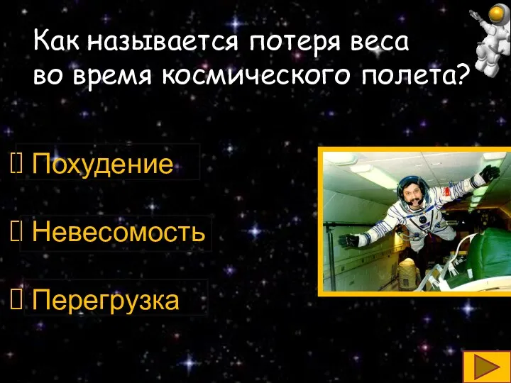 Как называется потеря веса во время космического полета? Похудение Невесомость Перегрузка