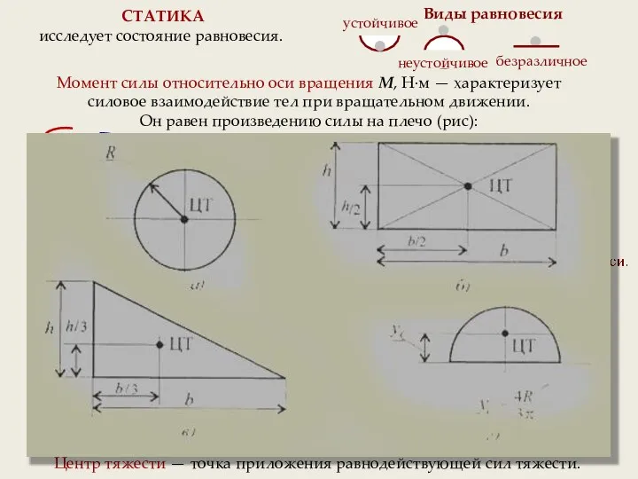 СТАТИКА исследует состояние равновесия. Момент силы относительно оси вращения M,