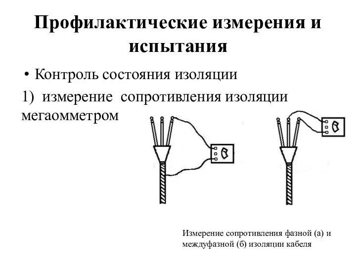 Профилактические измерения и испытания Контроль состояния изоляции 1) измерение сопротивления