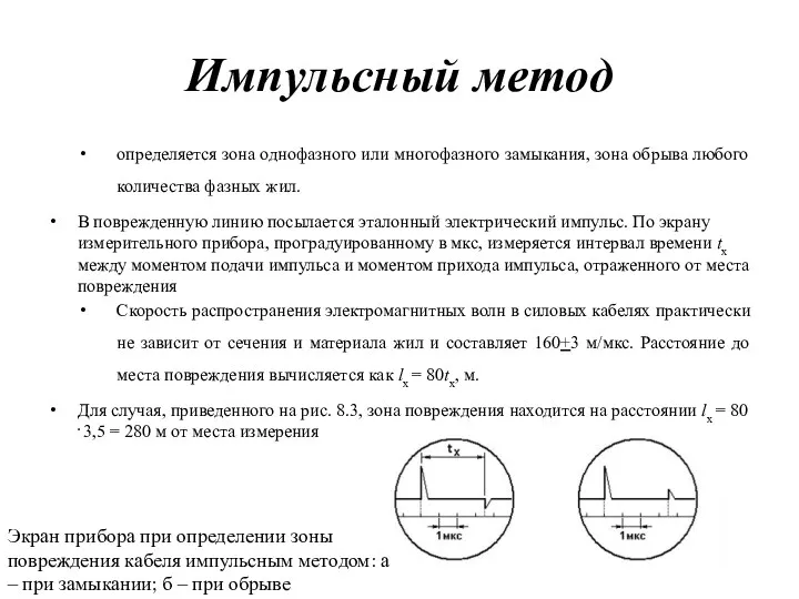 Импульсный метод определяется зона однофазного или многофазного замыкания, зона обрыва