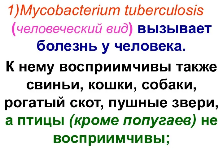 Mycobacterium tuberculosis (человеческий вид) вызывает болезнь у человека. К нему