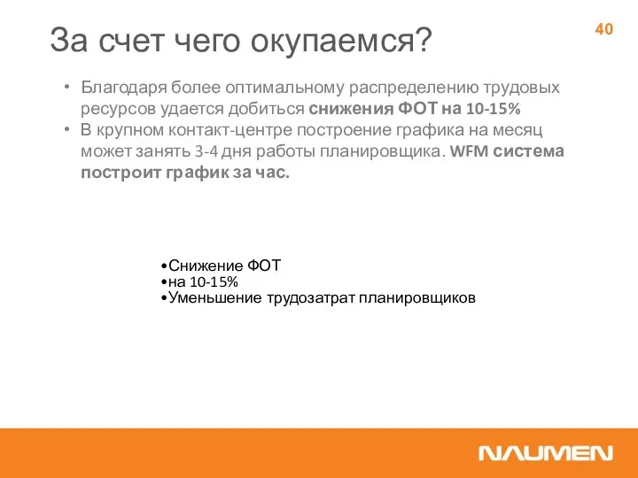 За счет чего окупаемся? Благодаря более оптимальному распределению трудовых ресурсов