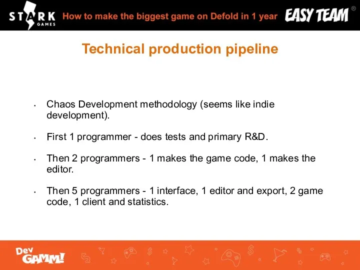 Technical production pipeline Chaos Development methodology (seems like indie development).