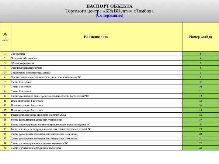 ПАСПОРТ ОБЪЕКТА Торгового центра «БРАВОсити» г.Тамбова (Содержание)