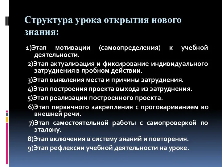 Структура урока открытия нового знания: 1)Этап мотивации (самоопределения) к учебной