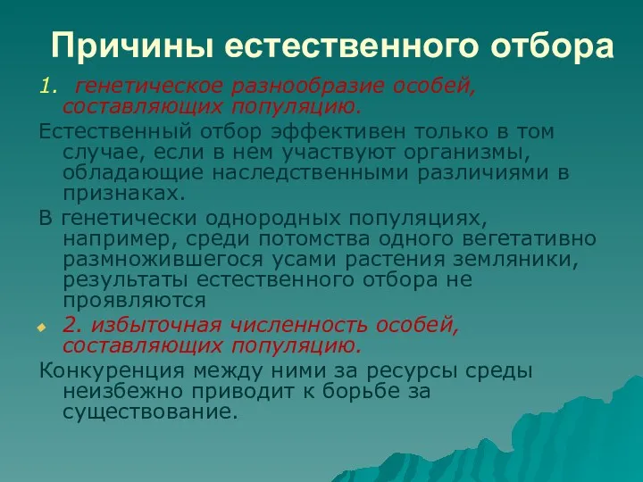 Причины естественного отбора 1. генетическое разнообразие особей, составляющих популяцию. Естественный