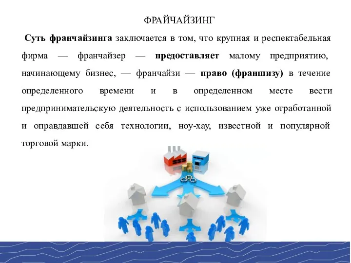 ФРАЙЧАЙЗИНГ Суть франчайзинга заключается в том, что крупная и респектабельная