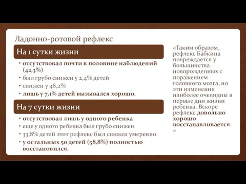 Ладонно-ротовой рефлекс «Таким образом, рефлекс Бабкина повреждается у большинства новорожденных с поражением головного