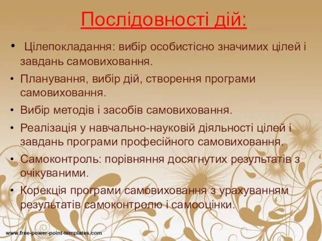 Послідовності дій: Цілепокладання: вибір особистісно значимих цілей і завдань самовиховання.