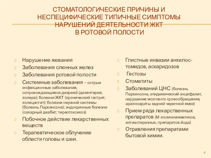 СТОМАТОЛОГИЧЕСКИЕ ПРИЧИНЫ И НЕСПЕЦИФИЧЕСКИЕ ТИПИЧНЫЕ СИМПТОМЫ НАРУШЕНИЙ ДЕЯТЕЛЬНОСТИ ЖКТ В