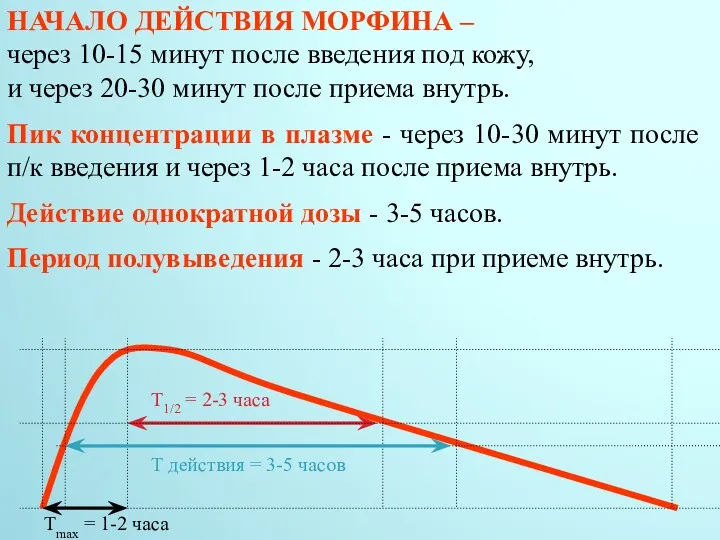 НАЧАЛО ДЕЙСТВИЯ МОРФИНА – через 10-15 минут после введения под