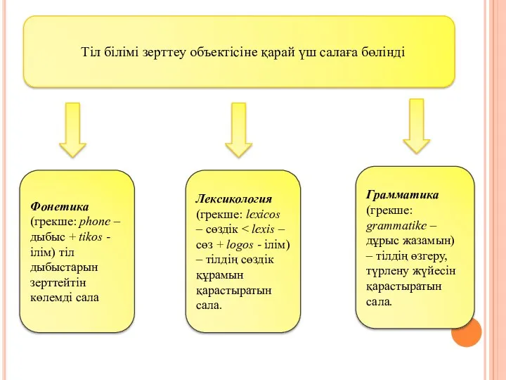 Тіл білімі зерттеу объектісіне қарай үш салаға бөлінді Фонетика (грекше: