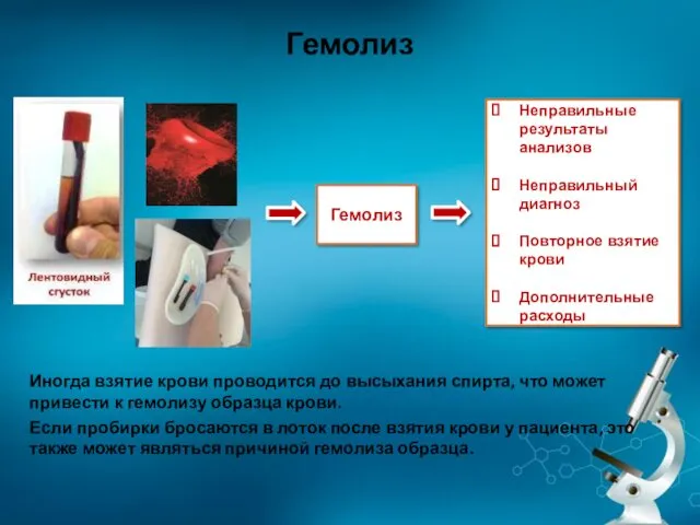 Гемолиз Гемолиз Неправильные результаты анализов Неправильный диагноз Повторное взятие крови