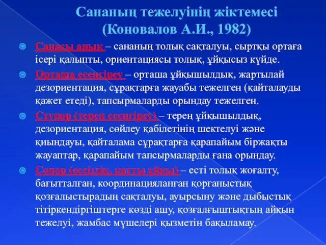 Сананың тежелуінің жіктемесі (Коновалов А.И., 1982) Санасы анық – сананың