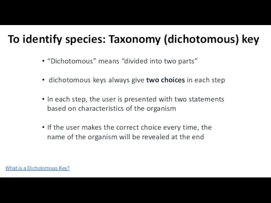 To identify species: Taxonomy (dichotomous) key “Dichotomous” means “divided into
