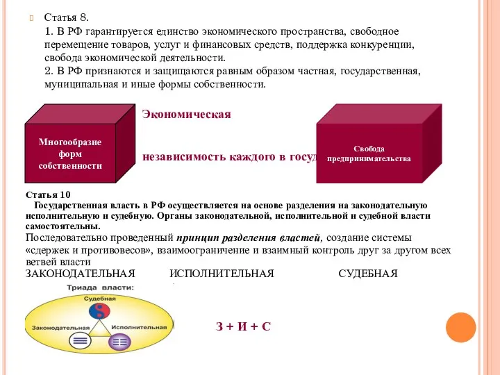 Статья 8. 1. В РФ гарантируется единство экономического пространства, свободное