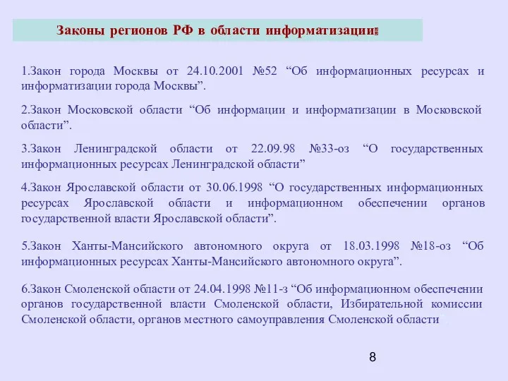 1.Закон города Москвы от 24.10.2001 №52 “Об информационных ресурсах и