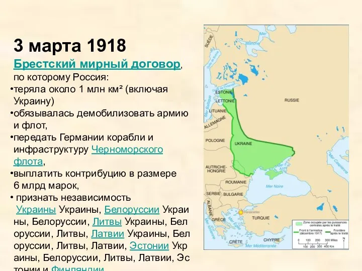 3 марта 1918 Брестский мирный договор, по которому Россия: теряла
