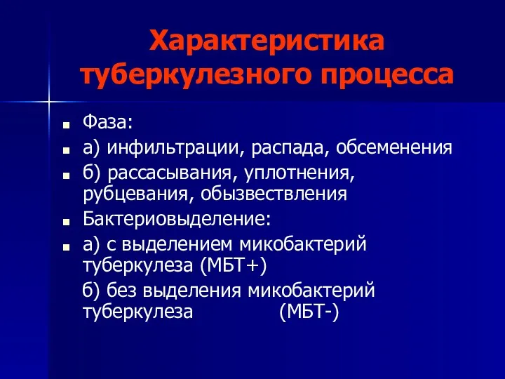 Характеристика туберкулезного процесса Фаза: а) инфильтрации, распада, обсеменения б) рассасывания,