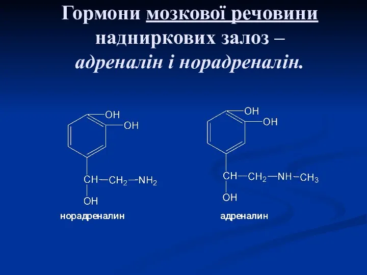 Гормони мозкової речовини надниркових залоз – адреналін і норадреналін.