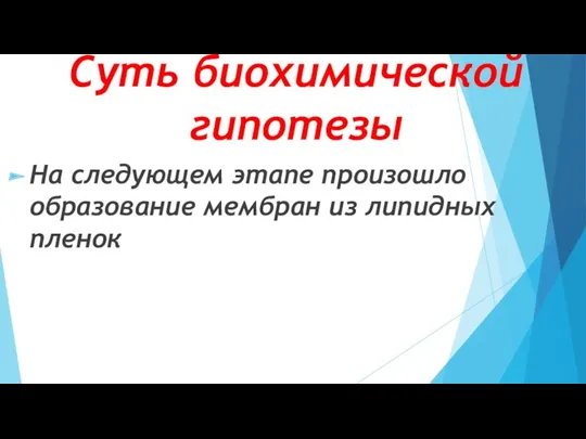 Суть биохимической гипотезы На следующем этапе произошло образование мембран из липидных пленок