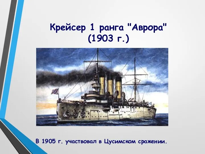 Крейсер 1 ранга "Аврора" (1903 г.) В 1905 г. участвовал в Цусимском сражении.