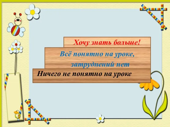 Ничего не понятно на уроке Всё понятно на уроке, затруднений нет Хочу знать больше!