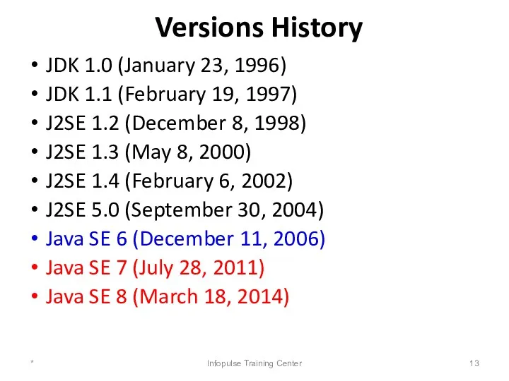 Versions History JDK 1.0 (January 23, 1996) JDK 1.1 (February
