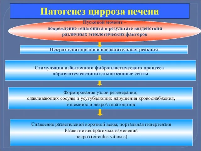 Пусковой момент – повреждение гепатоцита в результате воздействия различных этиологических