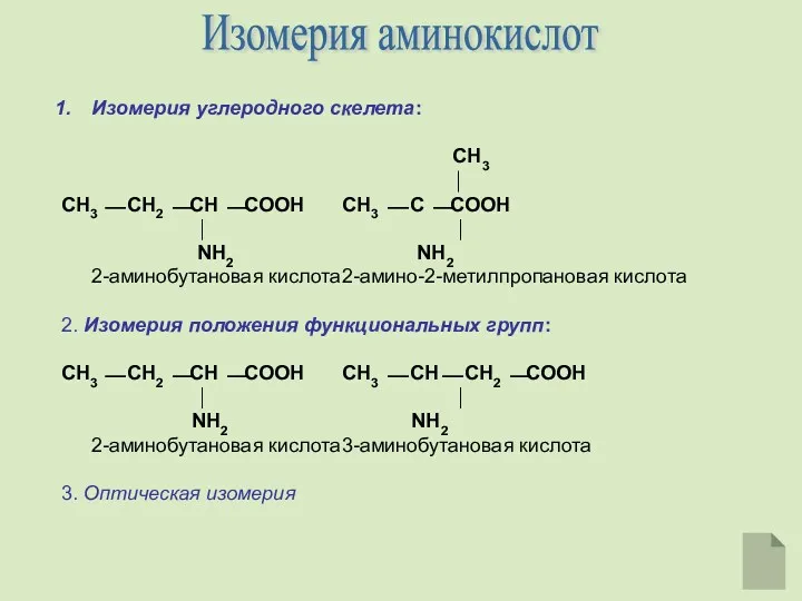 Изомерия углеродного скелета: CH3 ⏐ CH3 ⎯ CH2 ⎯CH ⎯COOH