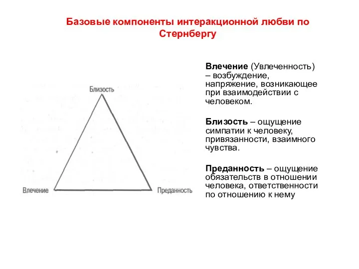 Базовые компоненты интеракционной любви по Стернбергу Влечение (Увлеченность) – возбуждение,