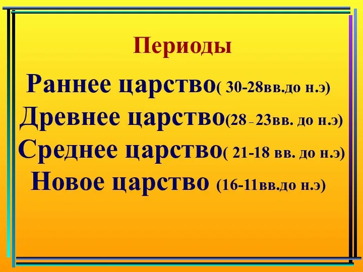 Периоды Раннее царство( 30-28вв.до н.э) Древнее царство(28 – 23вв. до