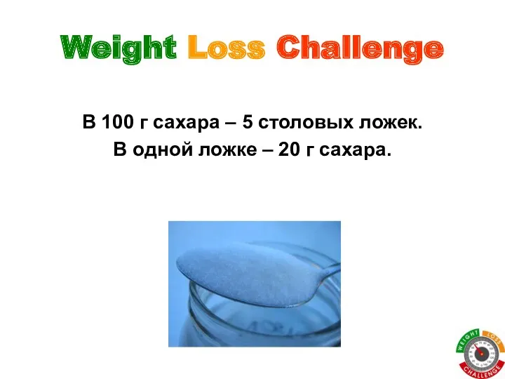 Weight Loss Challenge В 100 г сахара – 5 столовых ложек. В одной