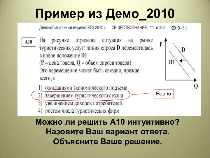 Пример из Демо_2010 Можно ли решить А10 интуитивно? Назовите Ваш вариант ответа. Объясните Ваше решение. Верно