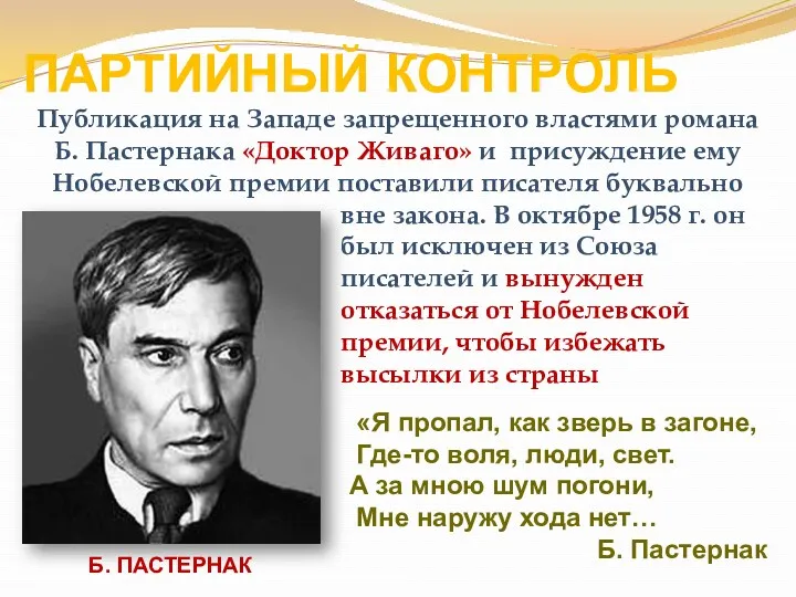 ПАРТИЙНЫЙ КОНТРОЛЬ Публикация на Западе запрещенного властями романа Б. Пастернака