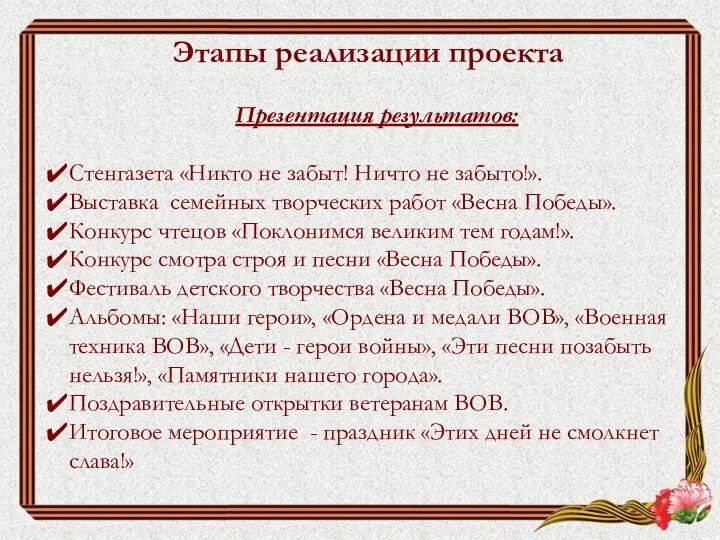 Этапы реализации проекта Презентация результатов: Стенгазета «Никто не забыт! Ничто