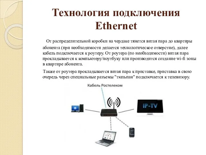 Технология подключения Ethernet От распределительной коробки на чердаке тянется витая