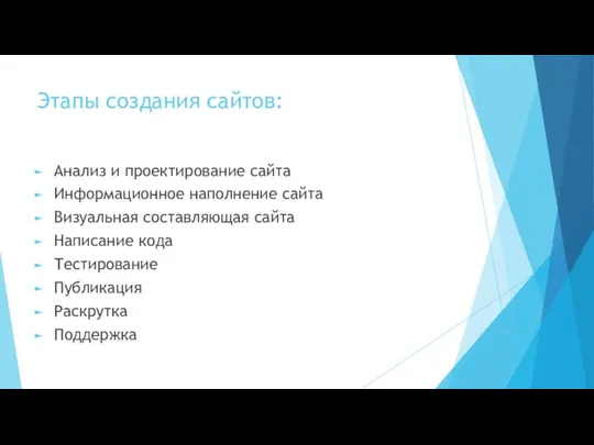 Этапы создания сайтов: Анализ и проектирование сайта Информационное наполнение сайта