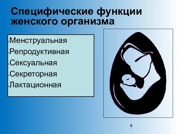 Специфические функции женского организма Менструальная Репродуктивная Сексуальная Секреторная Лактационная