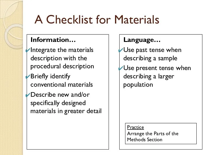 A Checklist for Materials Information… Integrate the materials description with the procedural description
