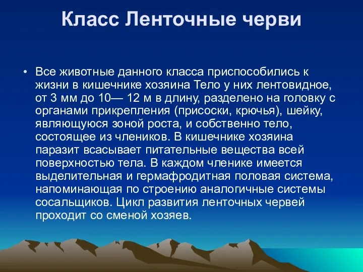 Класс Ленточные черви Все животные данного класса приспособились к жизни