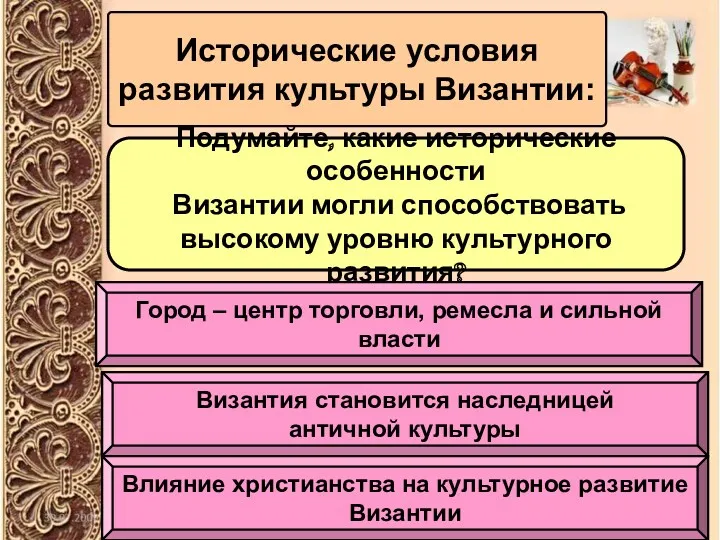 Исторические условия развития культуры Византии: Подумайте, какие исторические особенности Византии