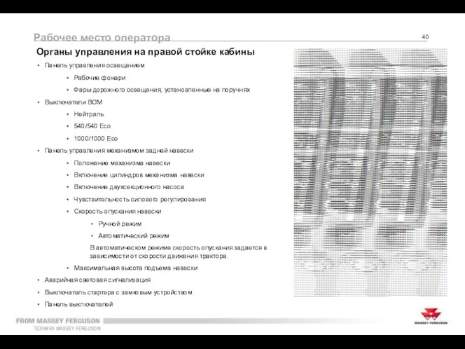 Кабина Рабочее место оператора Органы управления на правой стойке кабины