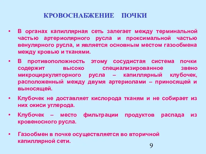 Газообмен в почке осуществляется во вторичной капиллярной сети. В органах