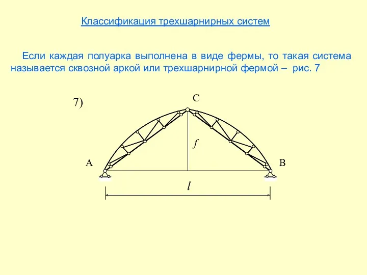 Классификация трехшарнирных систем Если каждая полуарка выполнена в виде фермы,