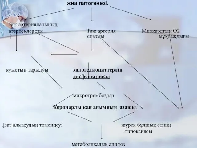 жиа патогенезі. Тәж артерияларының атеросклерозы Тәж артерия Миокардтың О2 ↑